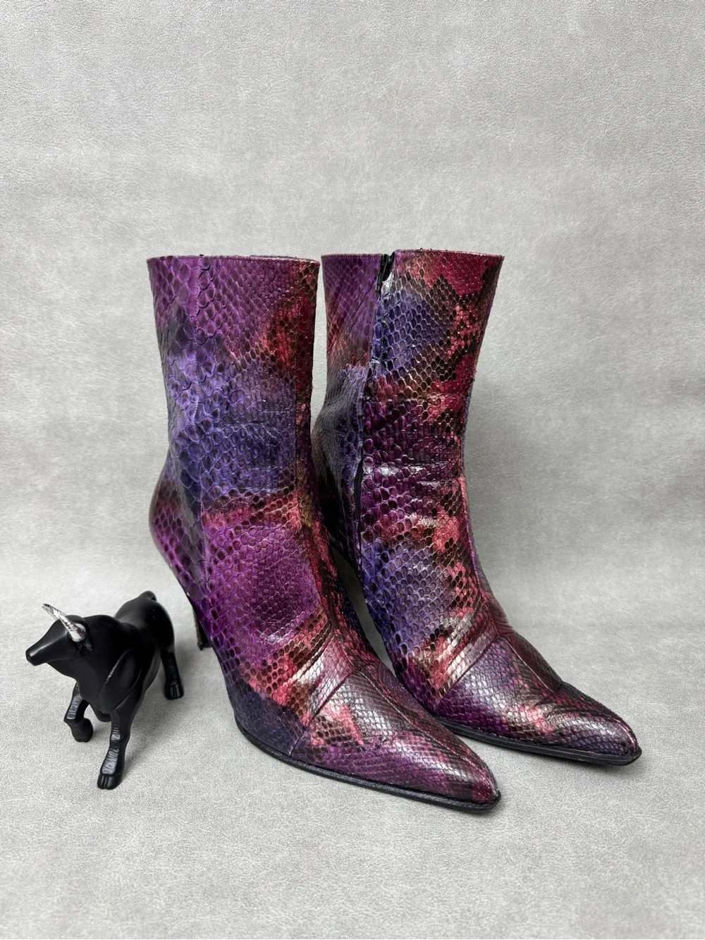 Mario Valentino Purple & Red Snakeskin Pointed-Toe Ankle Boots